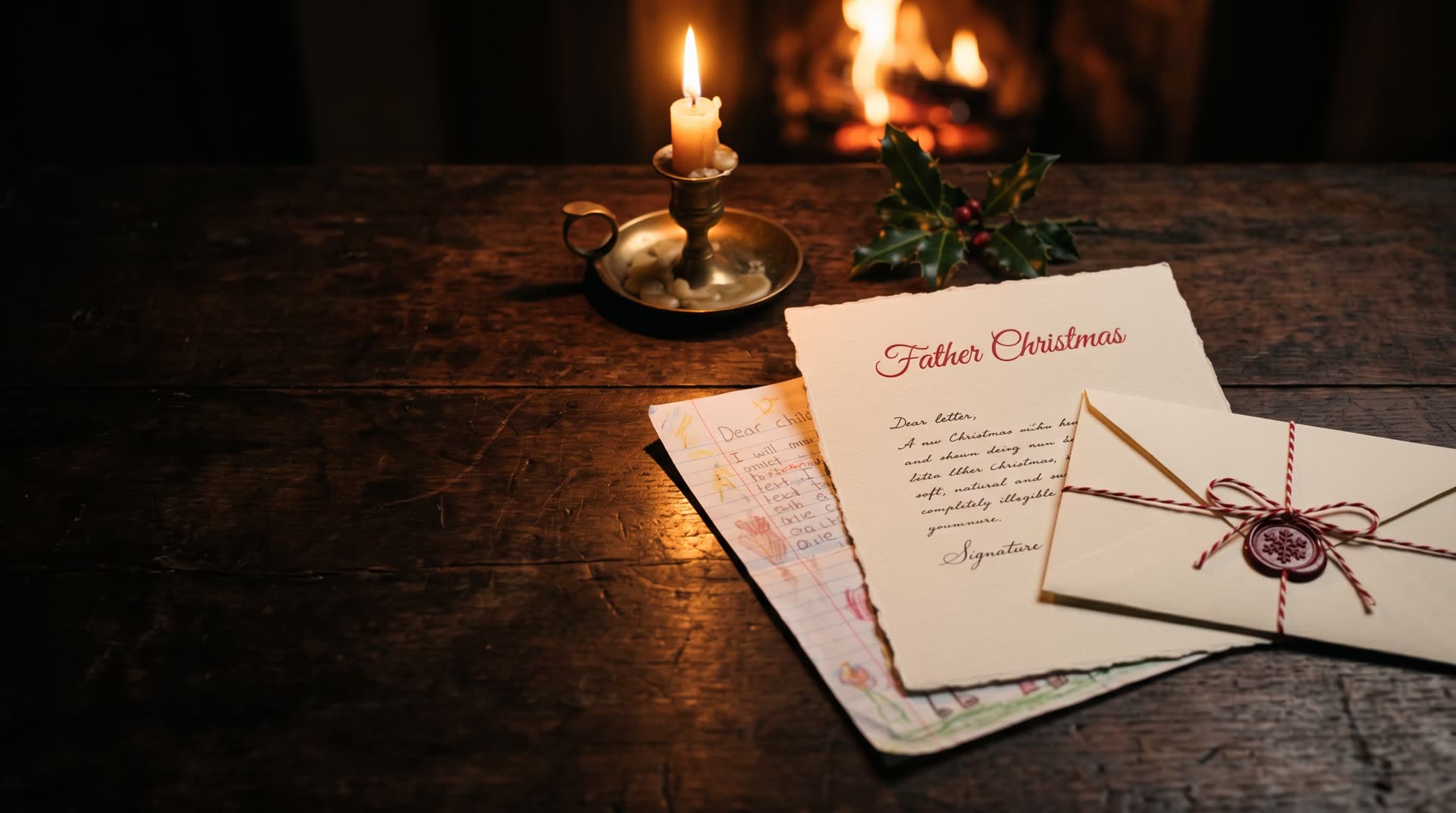 A child’s letter on Santa’s desk by candlelight