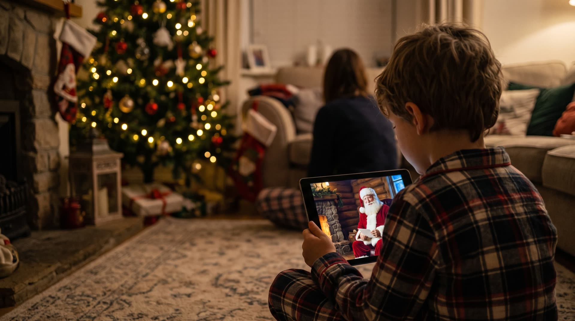 A child watches Father Christmas on a tablet by the tree