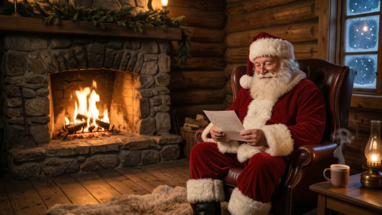Father Christmas reading by the fire
